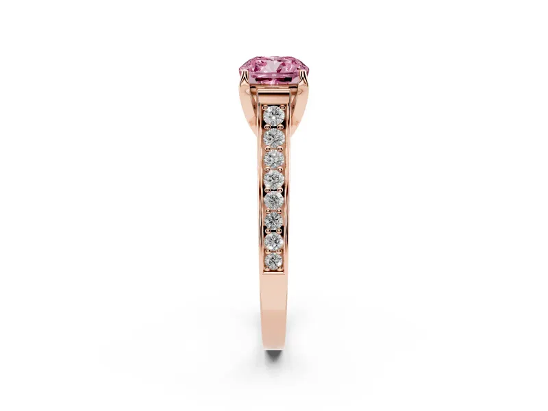 Fancy Pink Cushion Cut Diamond Solitaire Pavé Engagement Ring Set in Rose gold with Prong Setting