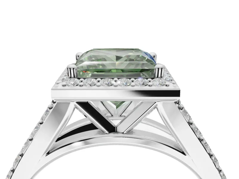 Princess Cut Halo Pavé Engagement Ring Setting for a Fancy Green Lab-Grown Diamond | Narrow Split Shank | White Gold