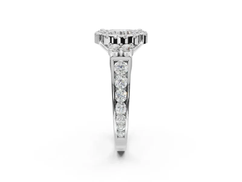 Round Halo Side Cluster Engagement Ring Setting | Graduated Channel Band | White Gold