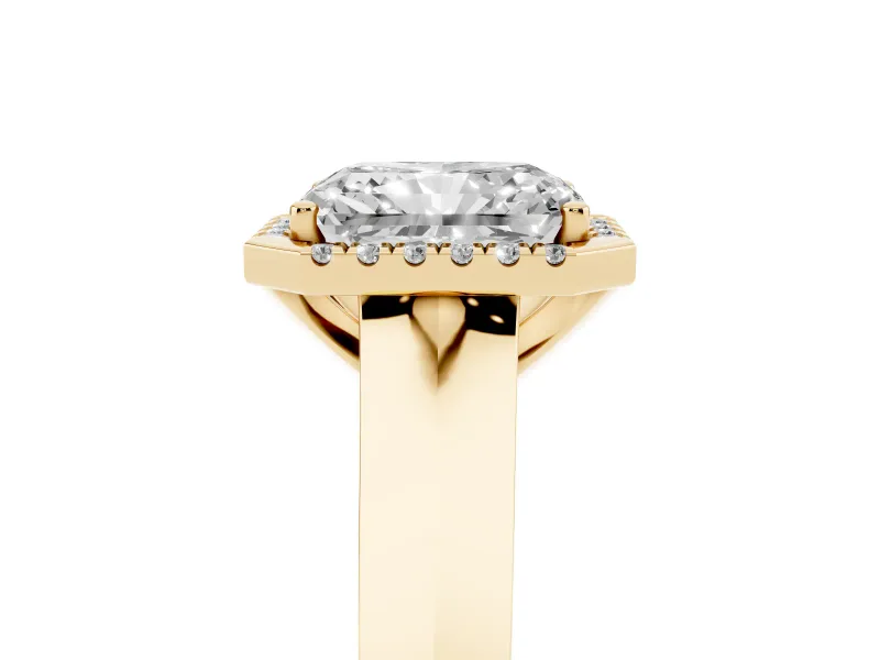 Radiant Cut Diamond Halo Ring Set in Yellow gold with Cathedral Band and Prong Setting