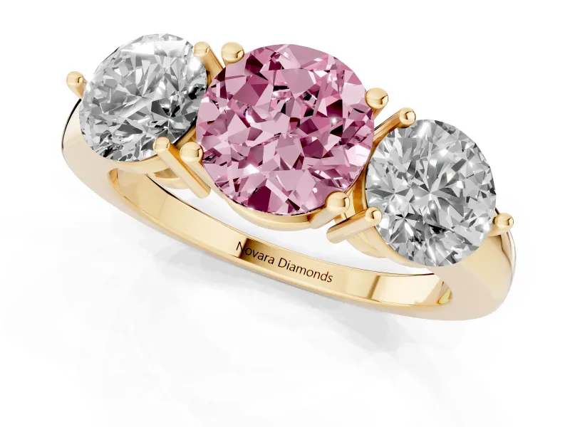 Round Three Stone Engagement Ring Setting for a Fancy Pink Lab-Grown Diamond | Large Round Side Stones | Yellow Gold