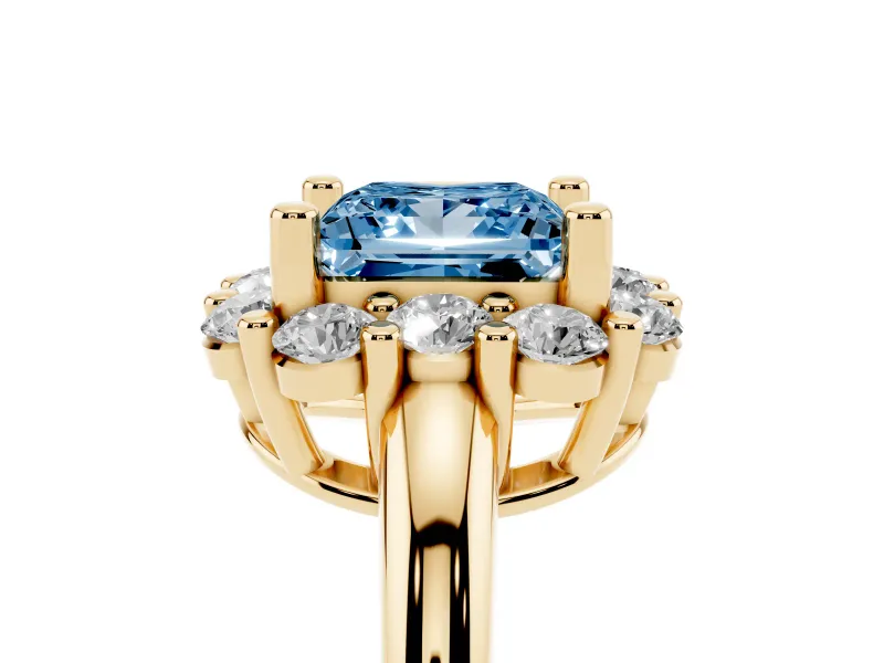 Princess Cut Cluster Halo Engagement Ring Setting for a Fancy Blue Lab-Grown Diamond | Large Round Accents | Yellow Gold