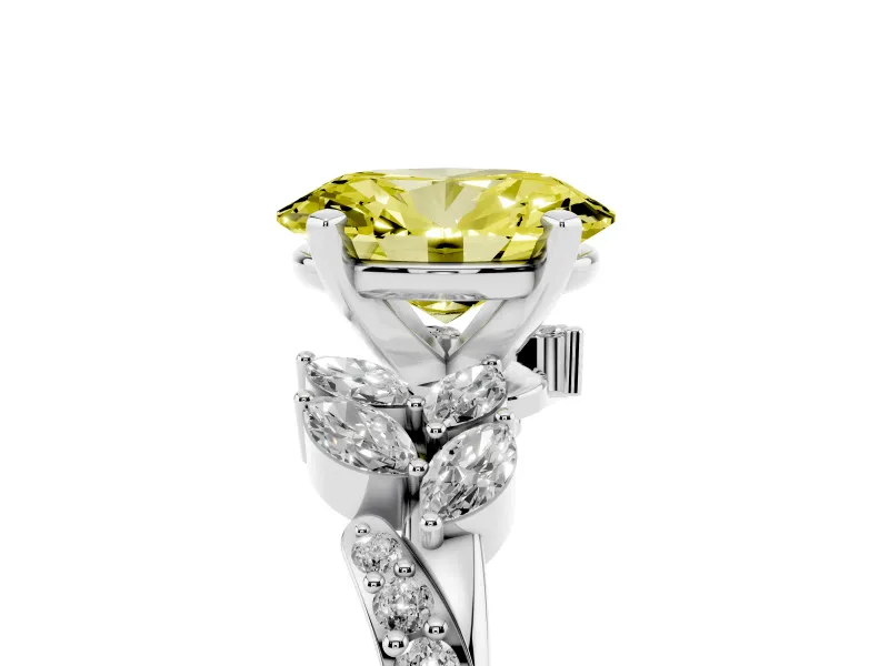 Fancy Yellow Oval Cut Diamond Solitaire Ring Set in White gold with Marquise Twist Band and Prong Setting
