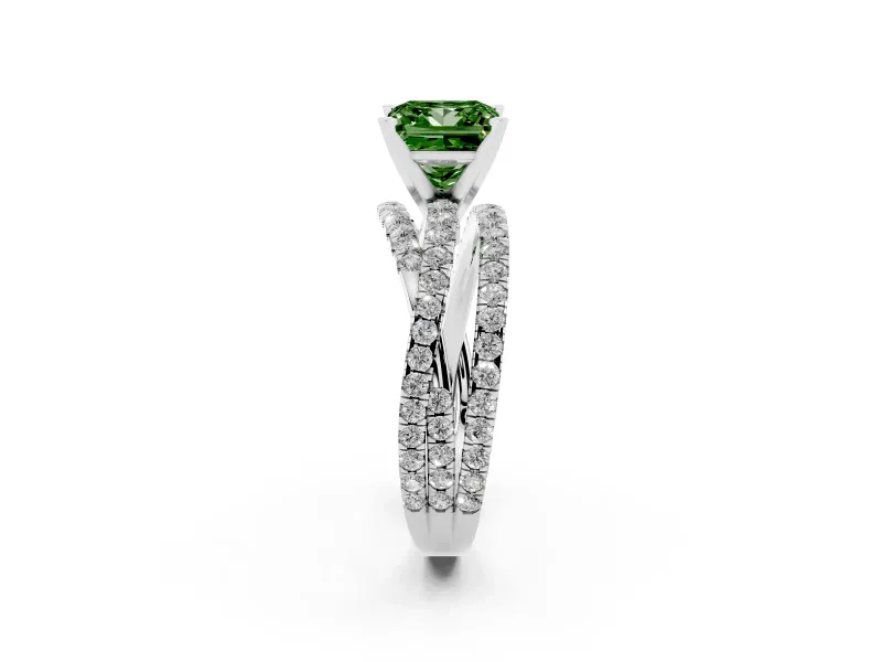 Fancy Green Princess Cut Diamond Solitaire Twist Band Ring Set in Silver with Pavé Setting and Prong Head