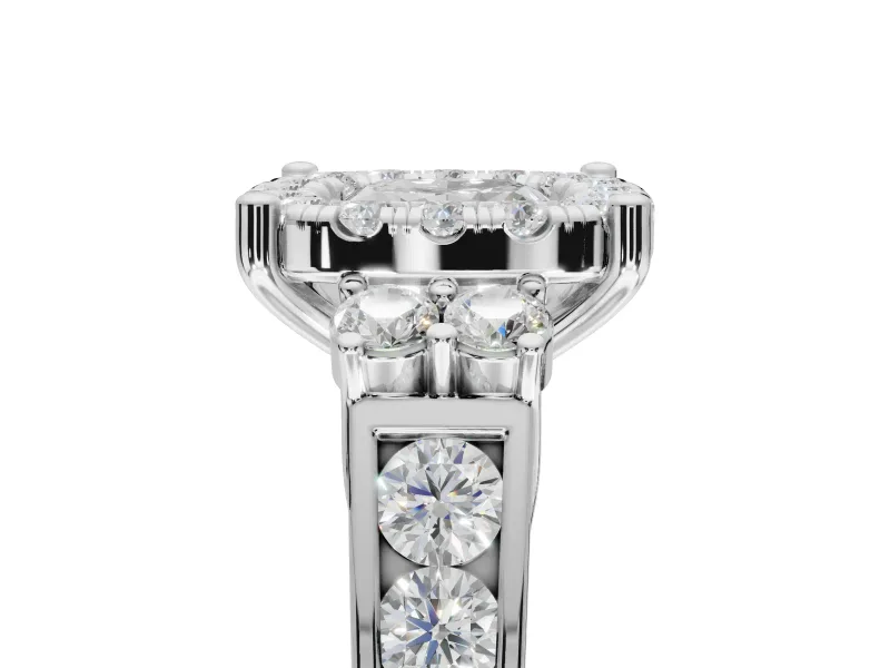 Cushion Cut Halo Side Cluster Engagement Ring Setting | Graduated Channel Band | White Gold