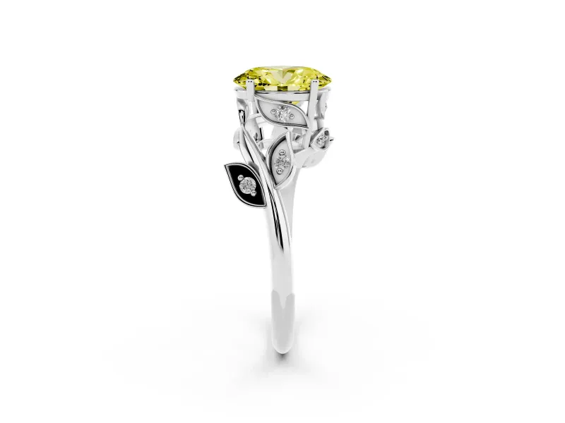 Fancy Yellow Oval Cut Diamond Solitaire Twist Engagement Ring Set in Silver with Pavé Leaf Accents