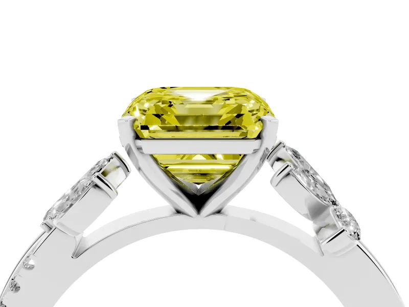 Fancy Yellow Asscher Cut Diamond Floral Vine Solitaire Engagement Ring Set in Silver with Marquise Leaves
