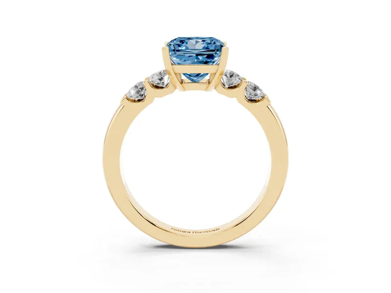 Fancy Blue Princess Cut Diamond Five-Stone Prong Set Engagement Ring Set in Yellow gold with Channel Band