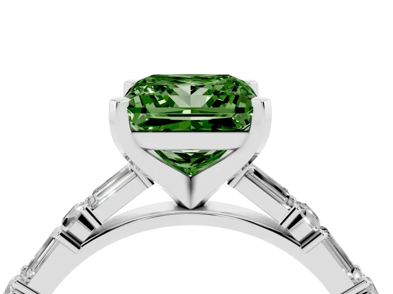 Fancy Green Princess Cut Diamond Solitaire Set in Silver with Side Baguettes and Channel Set Band