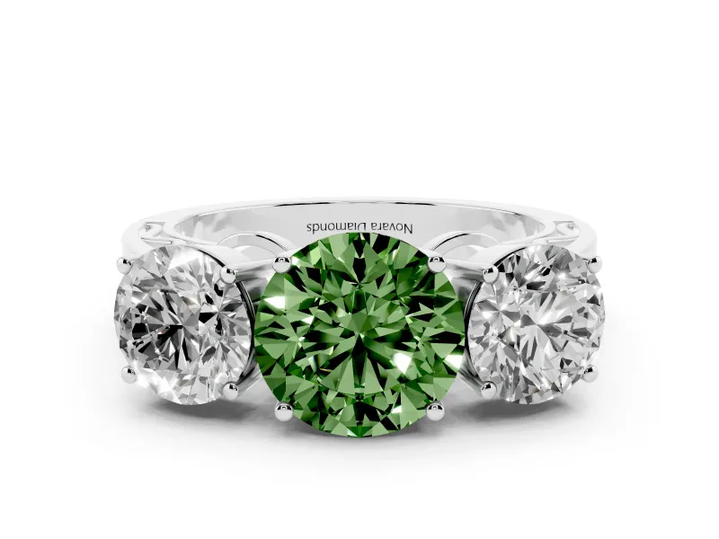 Fancy Green Round Cut Diamond Three-Stone Ring Set in White gold with Textured Band