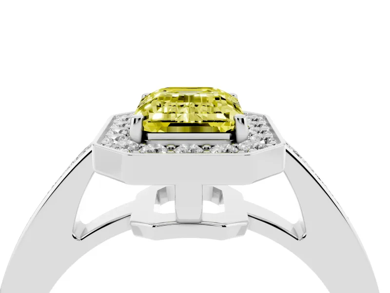 Fancy Yellow Emerald Cut Diamond Halo Pavé Engagement Ring Set in Platinum with Bezel Setting