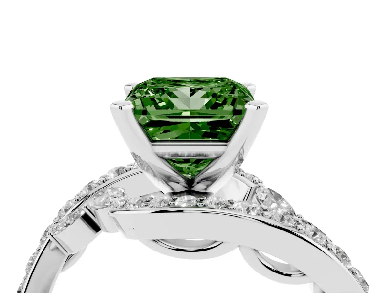 Fancy Green Princess Cut Diamond Solitaire Ring Set in Silver with Pavé Twist Band and Secure Prong Setting