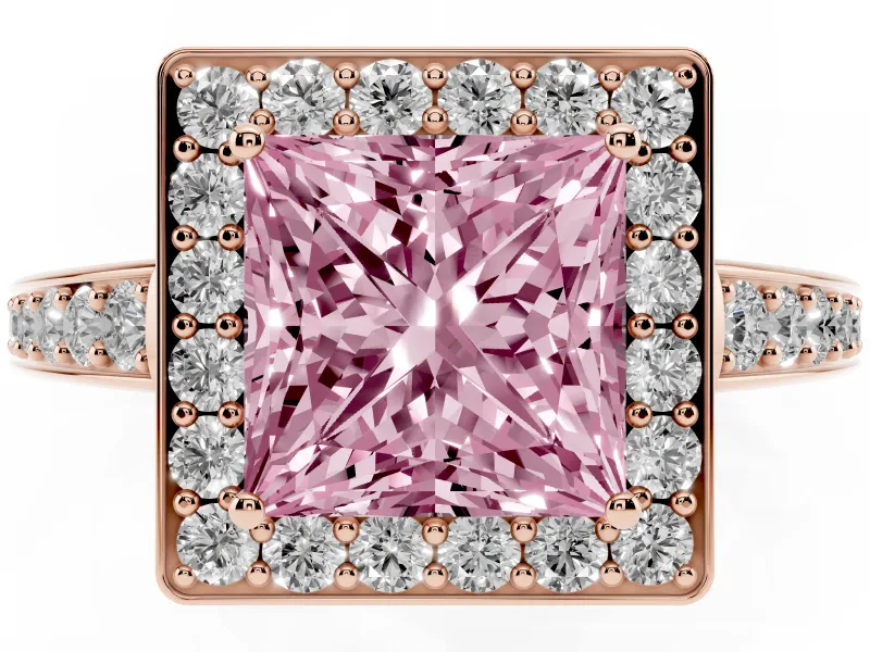 Fancy Pink Princess Cut Diamond Halo Pavé Engagement Ring Set in Rose gold with Bezel Setting