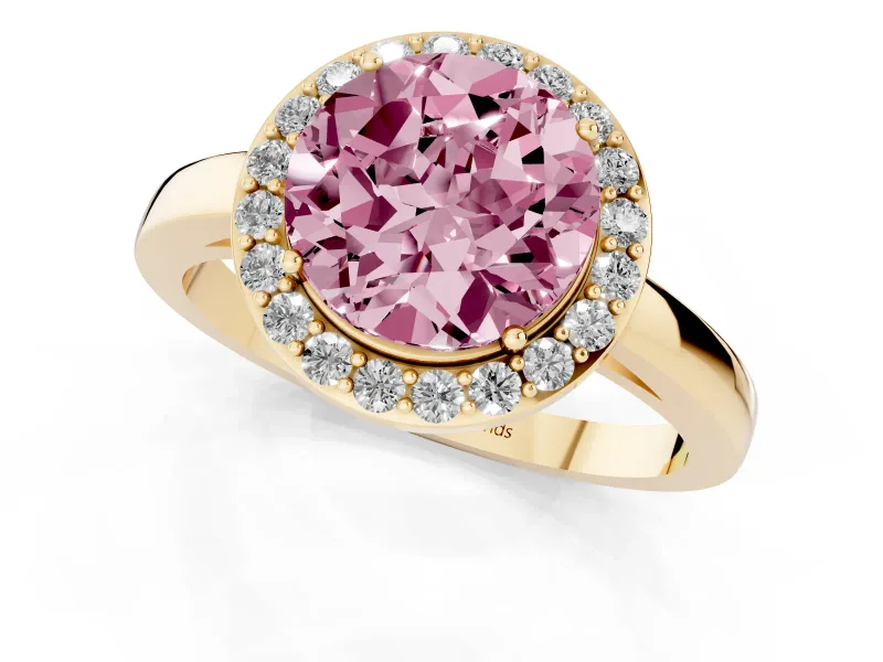 Fancy Pink Round Cut Diamond Halo Ring Set in Yellow gold with Solitaire Band and Prong Setting