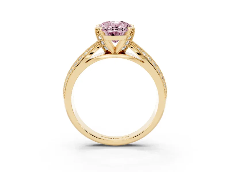 Oval Milgrain Solitaire Engagement Ring Setting for a Fancy Pink Lab-Grown Diamond | Yellow Gold