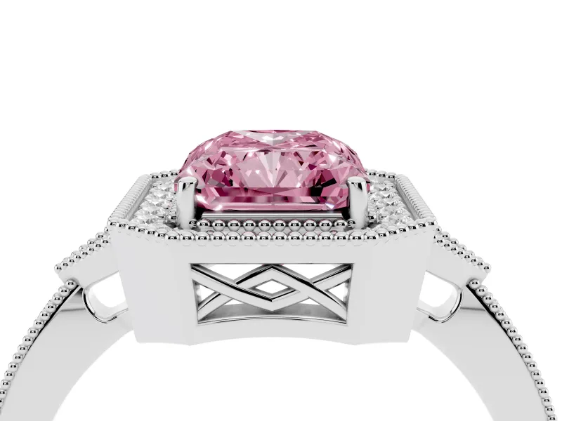 Fancy Pink Radiant Cut Diamond Halo Engagement Ring Set in Platinum with Milgrain Pavé Band