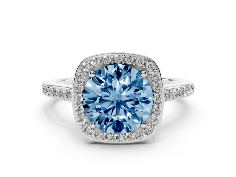 Fancy Blue Round Cut Diamond Halo Engagement Ring Set in Platinum with Round Pavé Shoulders and Heart Gallery