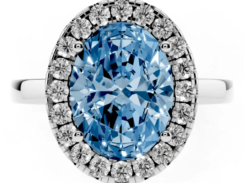 Fancy Blue Oval Cut Diamond Halo Solitaire Ring Set in White gold with Pavé Band and Prong Setting