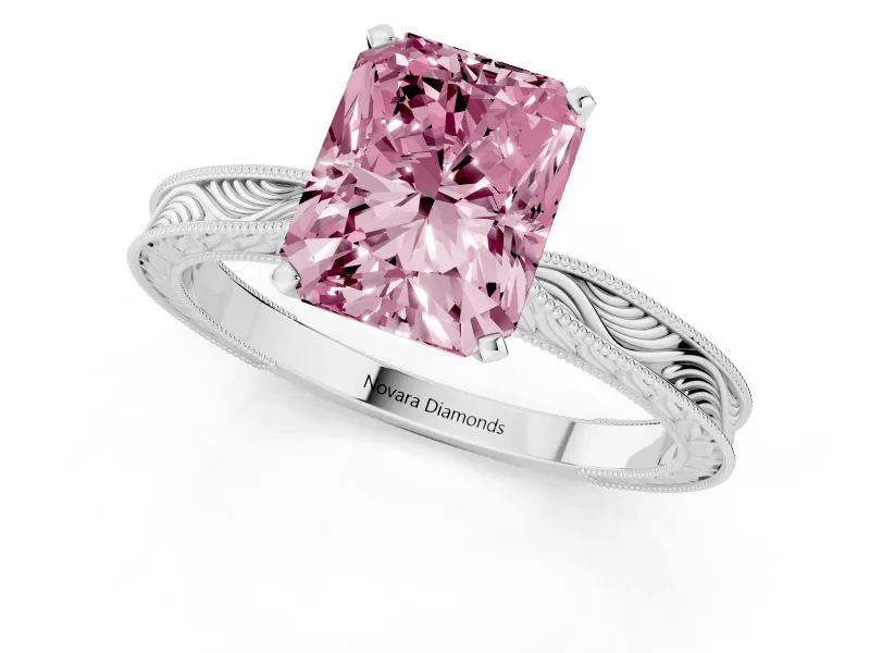 Fancy Pink Radiant Cut Diamond Solitaire Milgrain Engraved Band Set in Platinum with Prong Setting