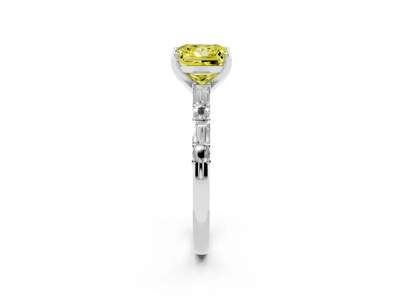 Fancy Yellow Princess Cut Diamond Solitaire Set in White gold with Side Baguettes and Channel Set Band