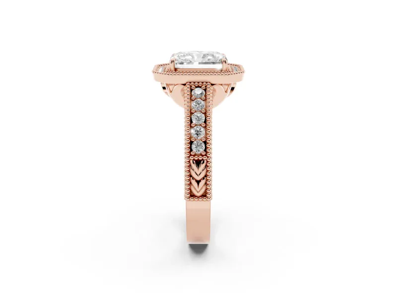 Radiant Cut Vintage Milgrain Halo Engagement Ring Setting | Carved Leaf Detail | Rose Gold