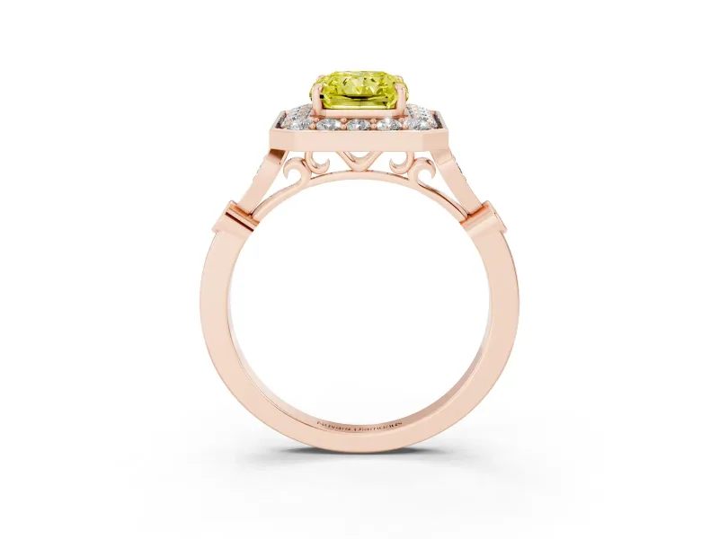 Radiant Cut Halo Engagement Ring Setting for a Fancy Yellow Lab-Grown Diamond | Bezel Station Shoulders | Rose Gold