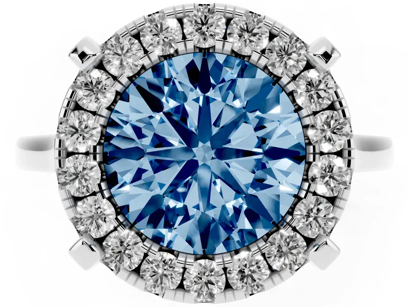 Round Halo Engagement Ring Setting for a Fancy Blue Lab-Grown Diamond | Claw Corners | Platinum