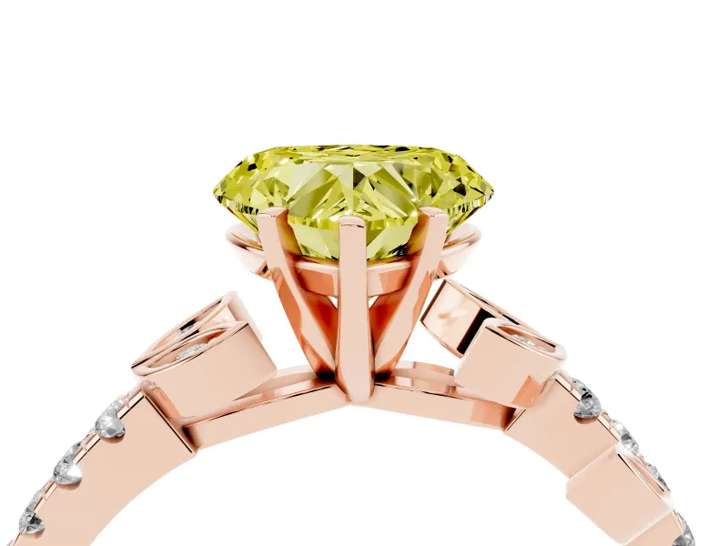 Fancy Yellow Heart Cut Diamond Solitaire Leaf-Inspired Ring Set in Rose gold with Pavé Band and Prong Setting