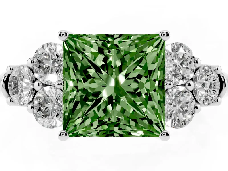 Fancy Green Princess Cut Diamond Cluster Ring Set in Platinum with Round Accent Stones and Prong Setting on a Plain Band