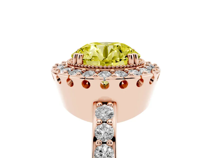 Round Vintage Milgrain Halo Engagement Ring Setting for a Fancy Yellow Lab-Grown Diamond | Pierced Gallery | Rose Gold