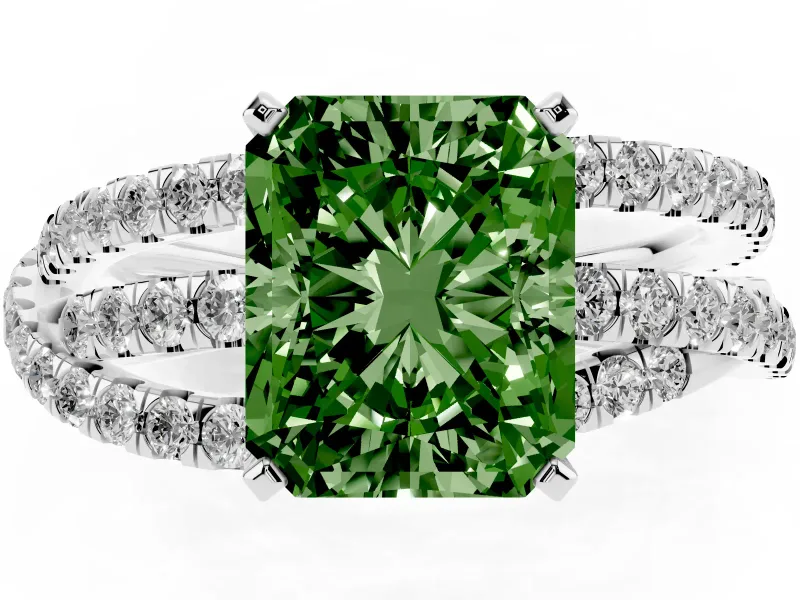Fancy Green Radiant Cut Diamond Solitaire Twist Band Ring Set in White gold with Pavé Setting and Prong Head
