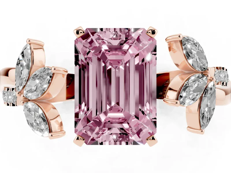 Fancy Pink Emerald Cut Diamond Floral Vine Solitaire Engagement Ring Set in Rose gold with Marquise Leaves