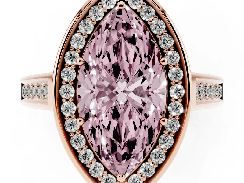 Fancy Pink Marquise Cut Diamond Halo Solitaire Ring Set in Rose gold with Pavé Band and Bezel Setting