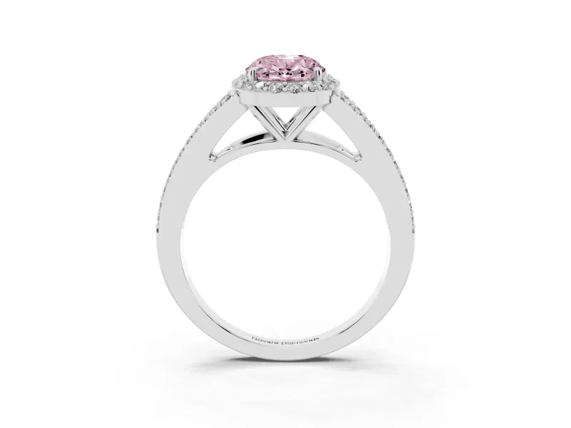 Oval Halo Engagement Ring Setting for a Fancy Pink Lab-Grown Diamond | V-Split Pavé Band | Platinum