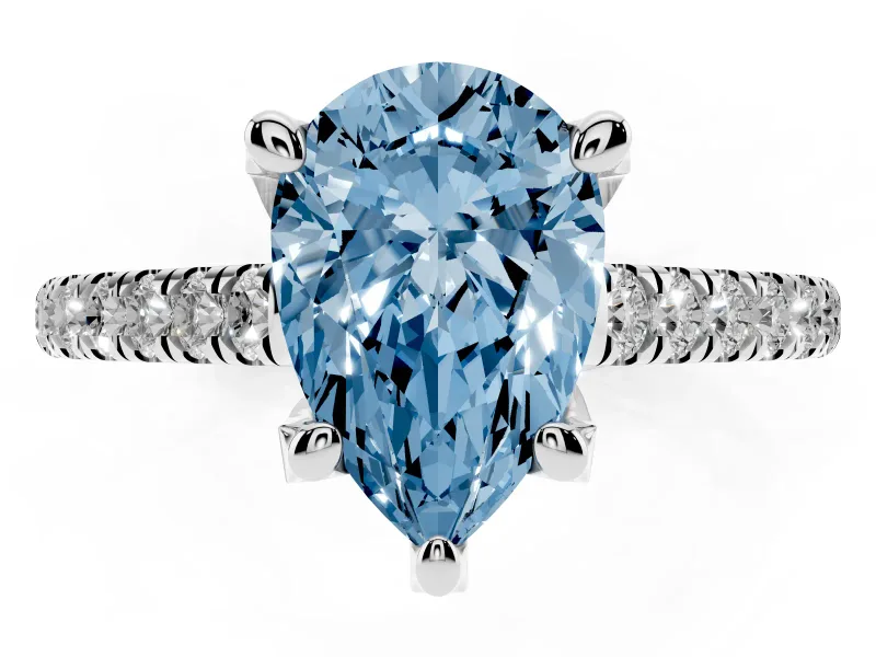 Pear-Shaped Hidden Halo Pave Engagement Ring Setting for a Fancy Blue Lab-Grown Diamond | Claw Prongs | Platinum