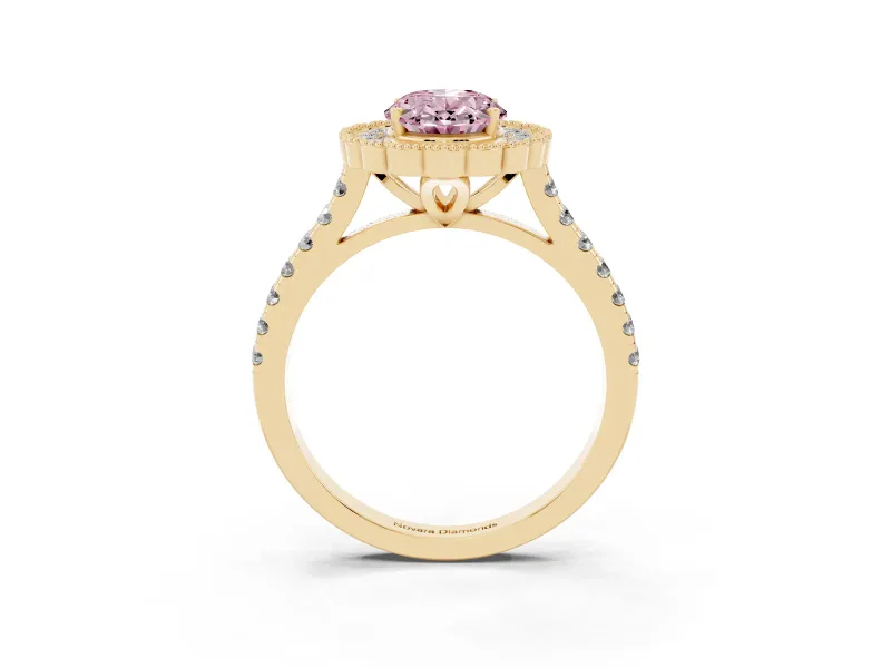 Fancy Pink Oval Cut Diamond Milgrain Floral Halo Engagement Ring Set in Yellow gold with Pavé Band
