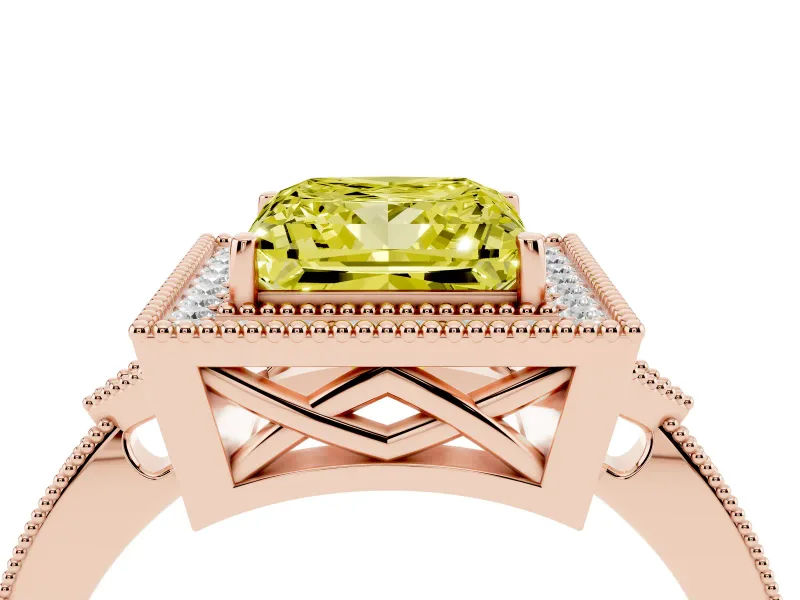 Princess Cut Milgrain Halo Engagement Ring Setting for a Fancy Yellow Lab-Grown Diamond | Graduated Pavé | Rose Gold
