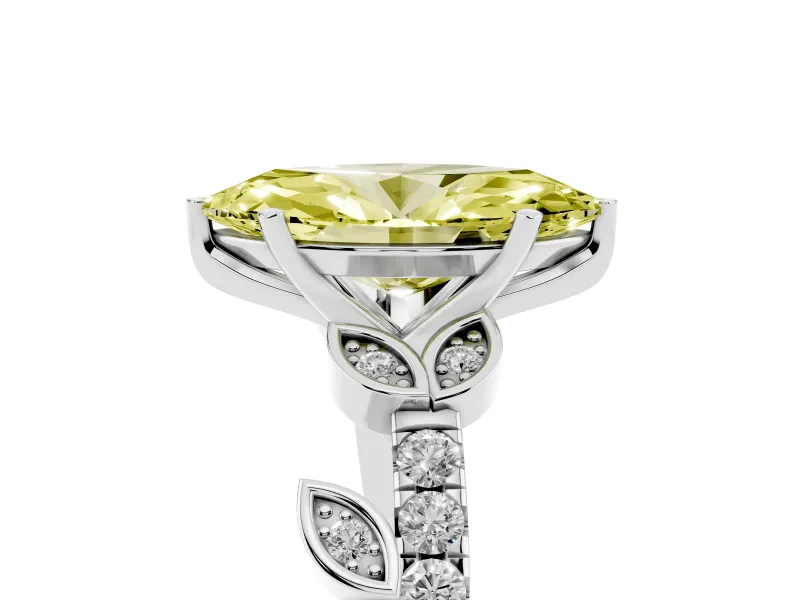Fancy Yellow Marquise Cut Diamond Solitaire Leaf-Inspired Ring Set in Silver with Pavé Band and Prong Setting