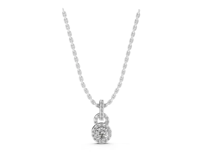 Round Lab-Grown Diamond Pavé Halo Pendant Necklace | Pavé Link and Bail | Sterling Silver