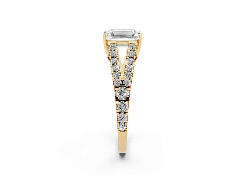 Emerald Cut Graduated Pave Split Shank Engagement Ring Setting | V Split Shoulders | Yellow Gold