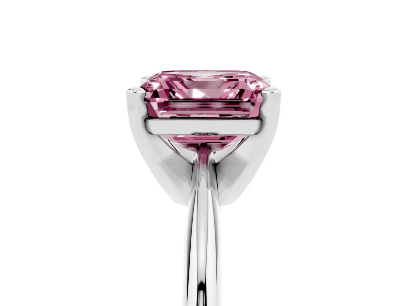 Fancy Pink Asscher Cut Diamond Solitaire Ring Set in Silver with Prong Setting on a Plain Round Band