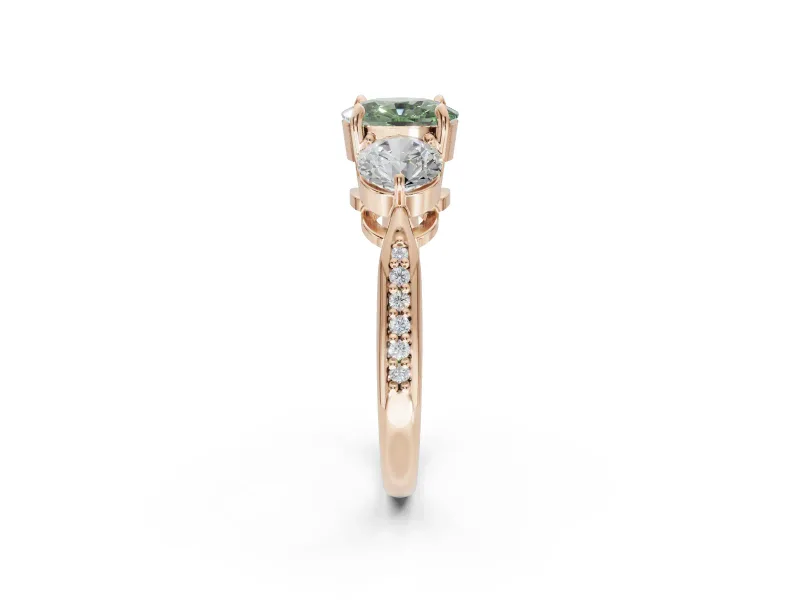 Cushion Cut Three Stone Engagement Ring Setting for a Fancy Green Lab-Grown Diamond | Tapered Pave Band | Rose Gold