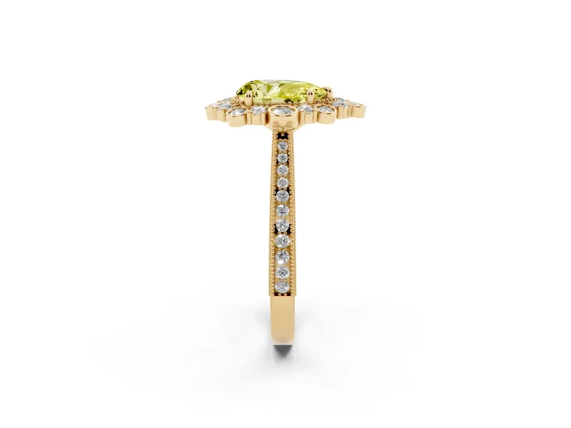 Fancy Yellow Pear Cut Diamond Halo Milgrain Pavé Ring Set in Yellow gold with Prong Setting