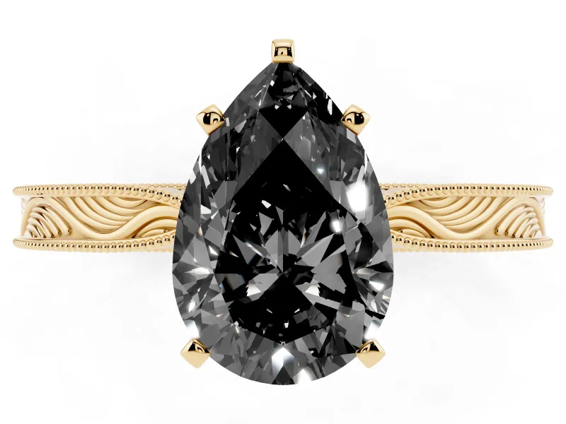 Fancy Black Pear Cut Diamond Solitaire Milgrain Engraved Band Set in Yellow gold with Prong Setting