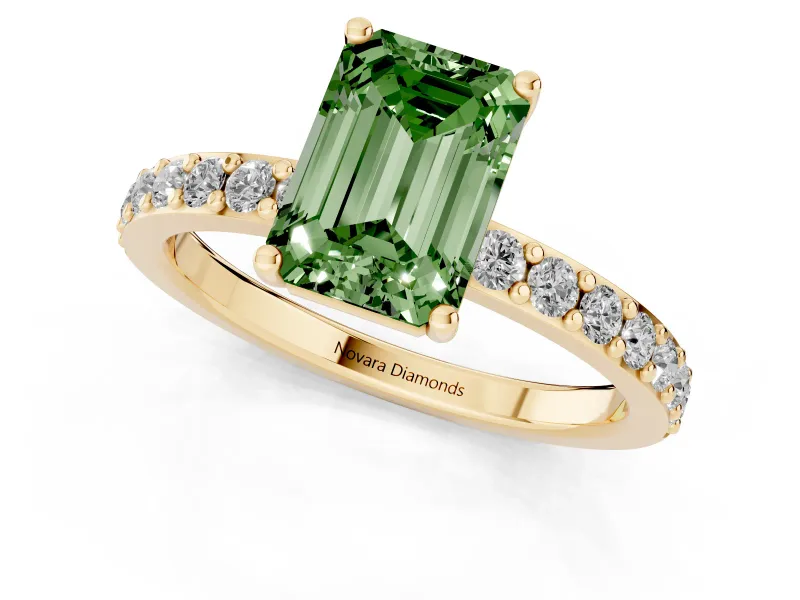 Fancy Green Emerald Cut Diamond Solitaire Set in Yellow gold with Round Pavé Band and Prong Setting