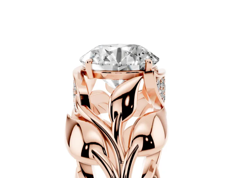 Round Cut Diamond Leaf-Inspired Engagement Ring Set in Rose gold with Round Accents