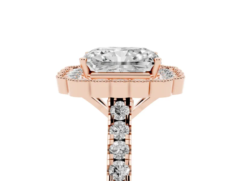 Radiant Cut Vintage Milgrain Floral Halo Engagement Ring Setting | Pavé Band | Rose Gold