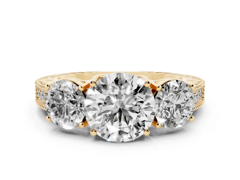 Round Cut Diamond Three-Stone Engagement Ring Set in Yellow gold with Milgrain Pavé Band
