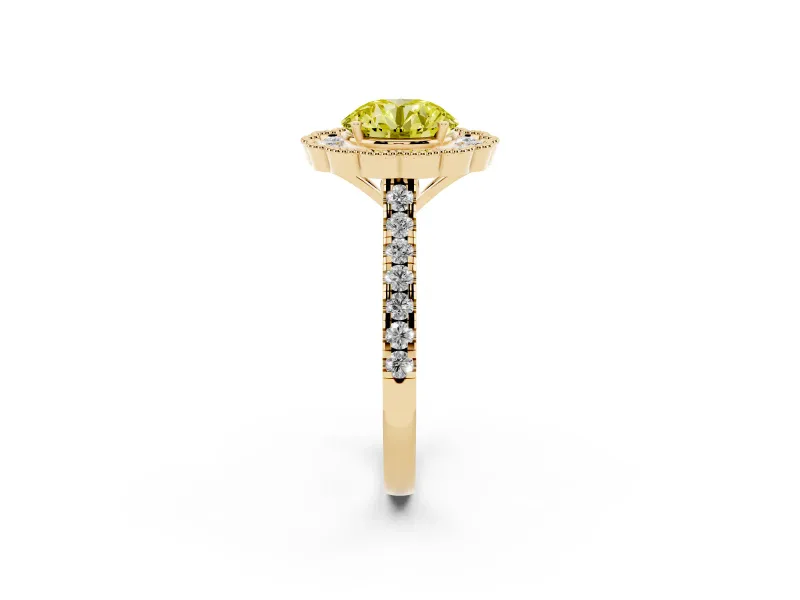 Round Milgrain Floral Halo Engagement Ring Setting for a Fancy Yellow Lab-Grown Diamond | Pavé Band | Yellow Gold