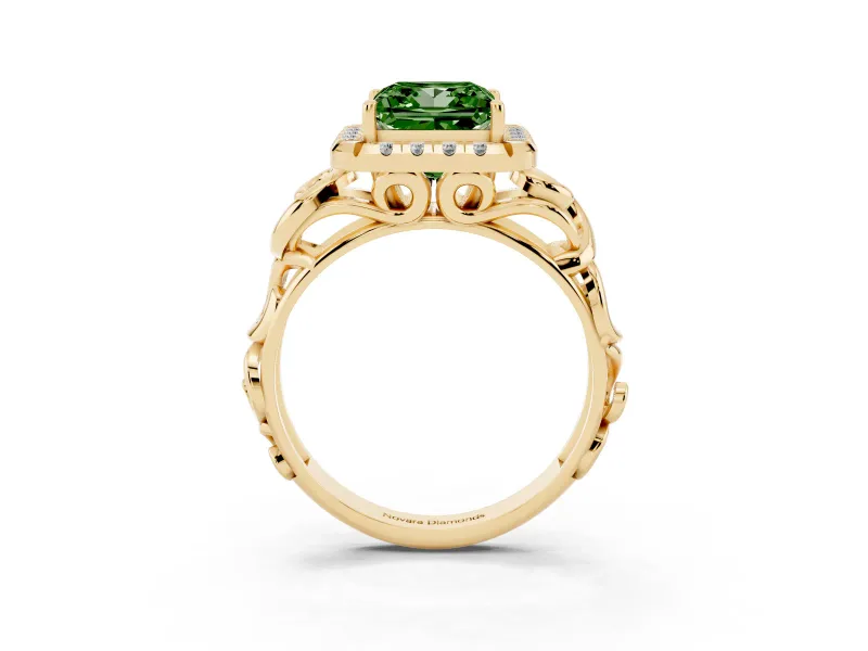 Fancy Green Princess Cut Diamond Halo Ring Set in Yellow gold with Scrollwork Band and Prong Setting